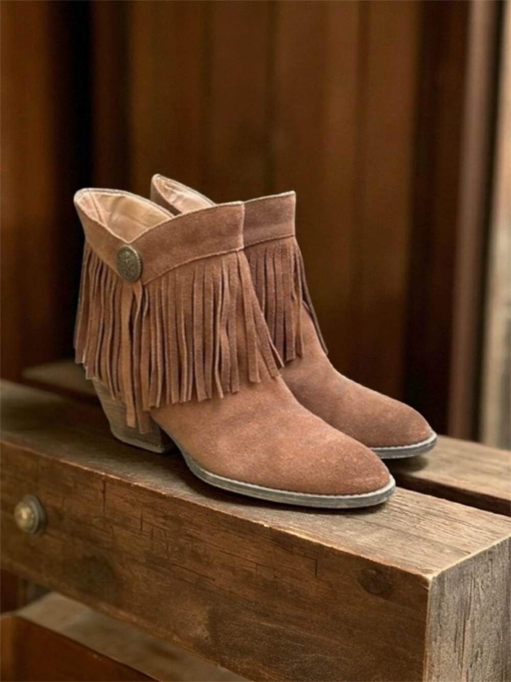Sbicca Vtg Collection Suede Leather Fringe Ankle Boot in Tan Size 7 1/2